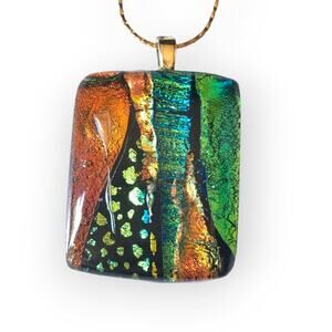 Mosaic art glass stunning pendant necklace - green orange gold